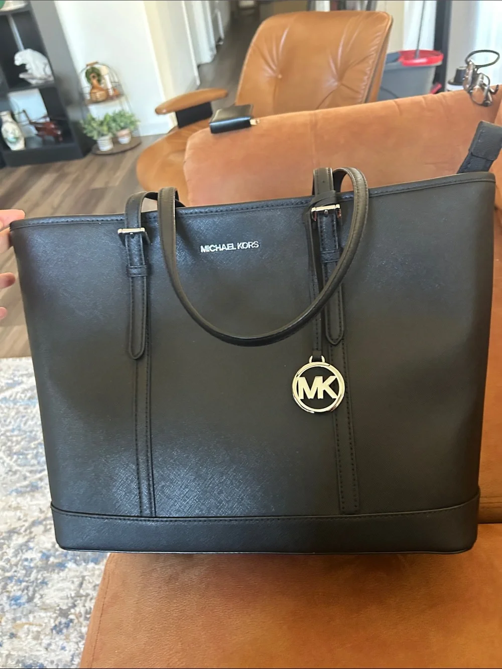 Michael Kors Black Saffiano Tote with silver MK Charm